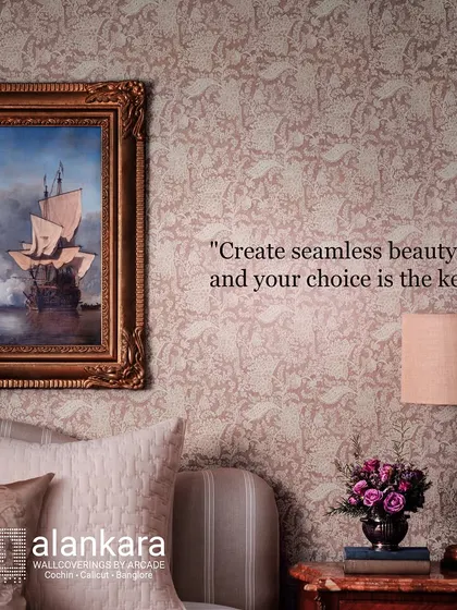 A duplicate image highlighting the elegant, patterned wallpaper that serves as a perfect canvas for a traditional bedroom setting.