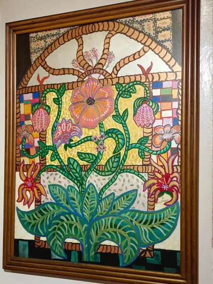 A captivating piece by artist Asma Menon, rendered in a mesmerizing folk style. The intricate lines and vibrant colors add a touch of traditional charm and detailed storytelling to any wall.