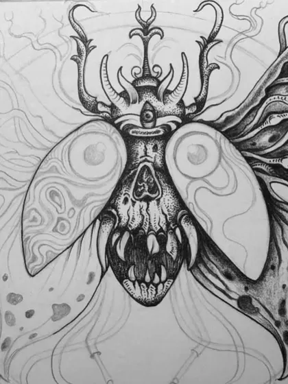 A progress shot of the surreal moth design.