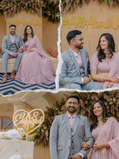 A collage of beautiful moments from an outdoor engagement ceremony. It captures the couple's portraits, the cake, and the overall rustic-chic decor.
