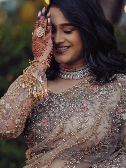 A playful and happy moment. Her makeup is soft and romantic, with a focus on glowing skin that looks incredible up close.