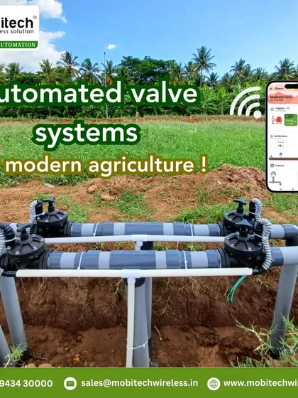An example of our automated valve systems installed in a field, ready to be controlled wirelessly via our mobile app for modern agriculture.