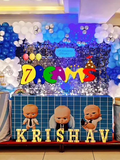 Here is a complete Boss Baby stage decoration. I used a shimmery blue backdrop, multiple character cutouts, themed pedestals for the cake, and balloon pillars to bring the popular theme to life in a party hall.