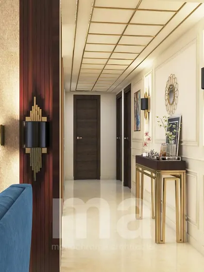Another render of a hallway design, featuring a contemporary console table and elegant wall sconces. We use 3D visualization to help clients picture the final look and feel of their space before execution begins.