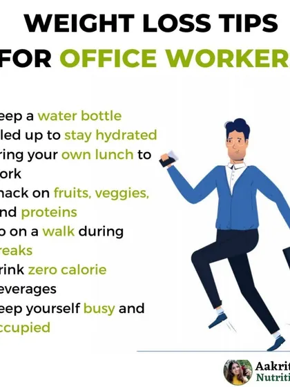 Working in an office can make weight loss challenging. This guide provides specific tips for office workers, like bringing your own lunch, snacking on fruits and veggies, and going for a walk during breaks to stay active.