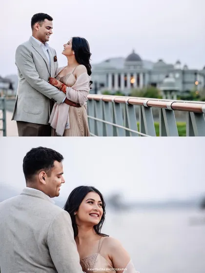 More intimate moments from the couple's pre-wedding shoot at Raffles Udaipur, filled with smiles and loving glances.