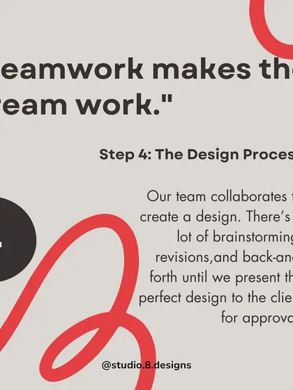 Step 4: Teamwork makes the dream work. Our team collaborates and brainstorms to create the perfect design, going through revisions until it's ready for your approval.
