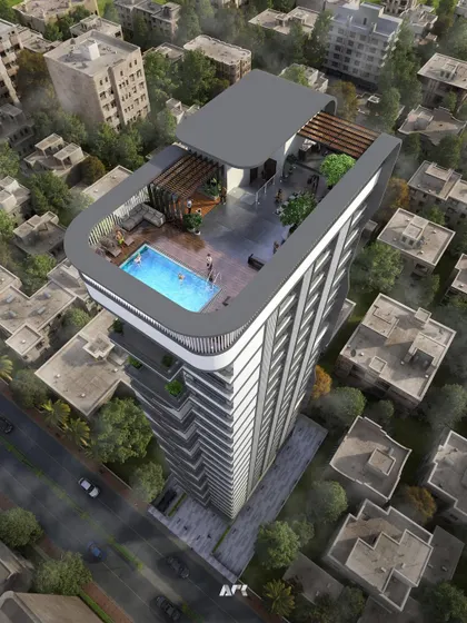 An aerial view of our design for Ariha One08, a 21-storey residential tower in Mumbai. The building's sleek, modern form is designed to maximize natural light and ventilation, with a rooftop pool and amenities that offer a sanctuary above the city.
