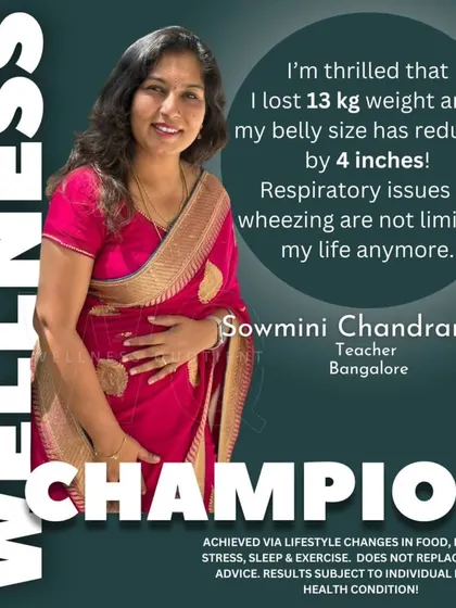 Sowmini's transformation is about more than just losing 13 kg. She overcame respiratory issues and wheezing that limited her life, and can now complete a 10K marathon without depending on medication. This was achieved by building healthy habits and a sustainable lifestyle.