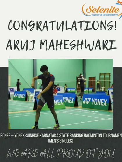 Aruj Maheshwari in perfect form during a match at the Yonex-Sunrise Karnataka State Ranking tournament, where he secured a Bronze medal in Men's Singles.