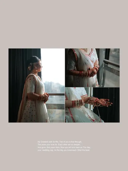 A collage of the bride's quiet moments before the ceremony. Looking out the window, she is a picture of grace and anticipation.