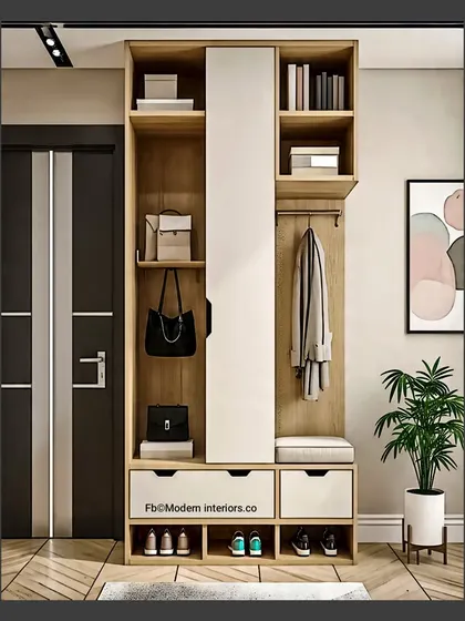 This entryway unit has a sliding mirrored door, which is a clever way to hide clutter. It includes shoe storage, shelving for bags, and a coat rack, all in one compact design.