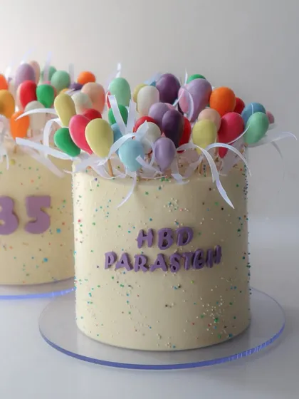 The viral balloon cake! This fun and festive design features a colorful bunch of fondant balloons, perfect for a cheerful birthday celebration.