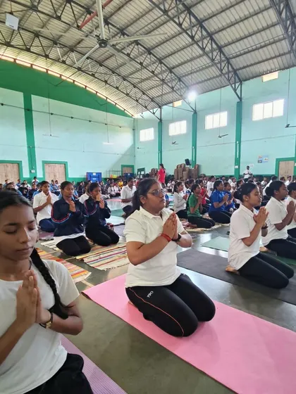 Young students in Goa joining in a prayerful posture during our International Day of Yoga celebrations.