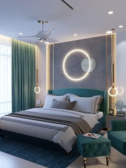 This design features a stunning backlit circular motif on the headboard wall, complemented by elegant teal furniture and curtains.