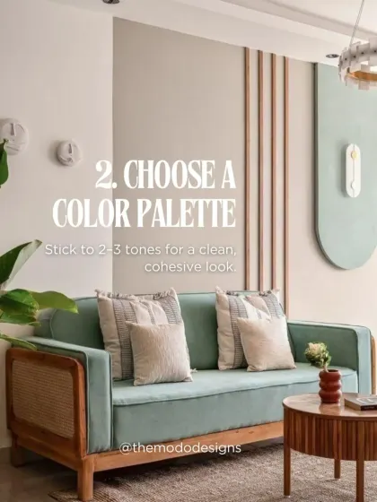 Next, choose a color palette. Sticking to two or three main tones, like the soft green and neutral shades shown here, creates a clean and cohesive look.