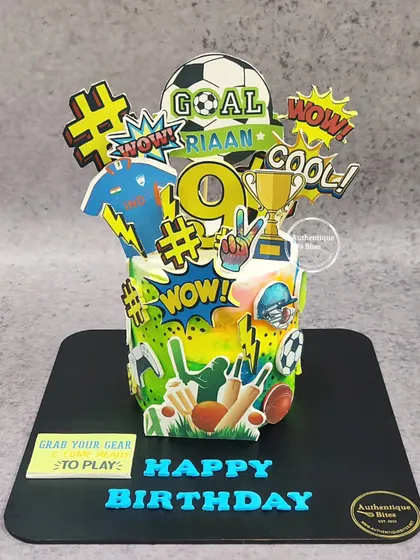 A dynamic graffiti-style sports cake. This design is bursting with energy, featuring pop-art graphics for cricket, football, and other sports.