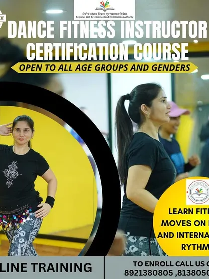 Our Dance Fitness Instructor Certification is open to all ages and genders. This poster highlights our focus on teaching fitness moves based on both Indian and international rhythms through online training.
