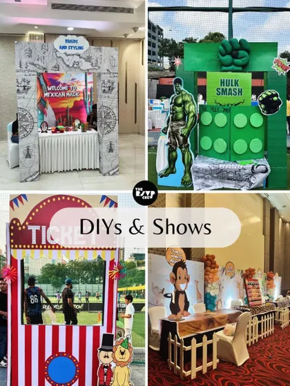 A look at the interactive fun I can bring to any party, with a collage of DIY stations and game show booths like 'Hulk Smash'.