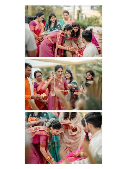 A collage showing the beautiful family rituals that are part of a Gujarati wedding, filled with love and blessings.