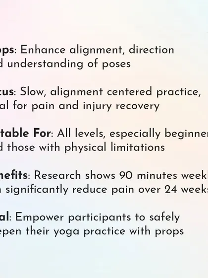 Here are the key details of our Iyengar Yoga with Props workshop. We explain how props enhance alignment, how the slow practice is ideal for injury recovery, and our goal to empower you to practice safely.