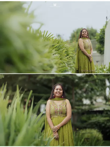 A beautiful solo portrait of the bride at her Mehandi ceremony. The vibrant green of her outfit stands out against the natural backdrop.