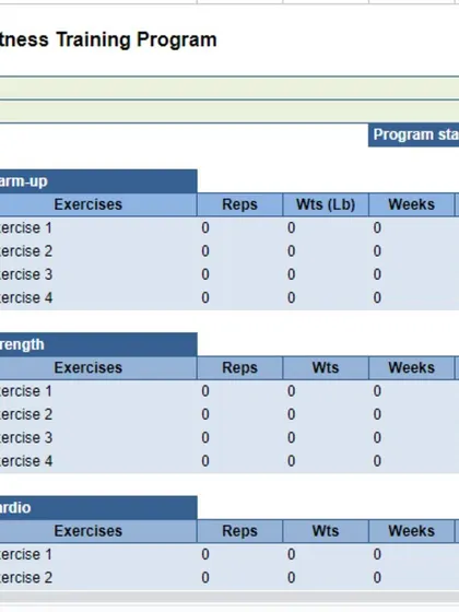 A blank fitness training program template. It's divided into warm-up, strength, and cardio, with columns for reps, weights, weeks, and frequency. Every program I design is built on this structured foundation.