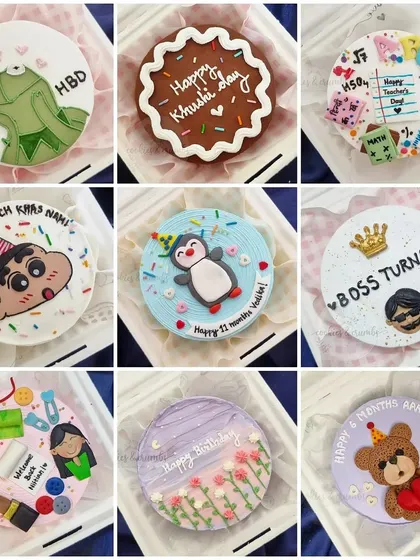 A little collage of my favorite cute bento cakes. You can see the variety of designs I can create, from cartoon characters like Shinchan and Kermit to themed cakes for teachers or milestone birthdays.