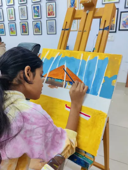 See how a student builds up a vibrant tropical beach scene, learning to paint palm trees, a hut, and the sandy shore.