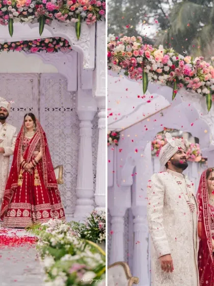 A beautiful collage capturing the grace and love of a couple on their wedding day, from the bride's entry to the moment they stand together under a floral arch.