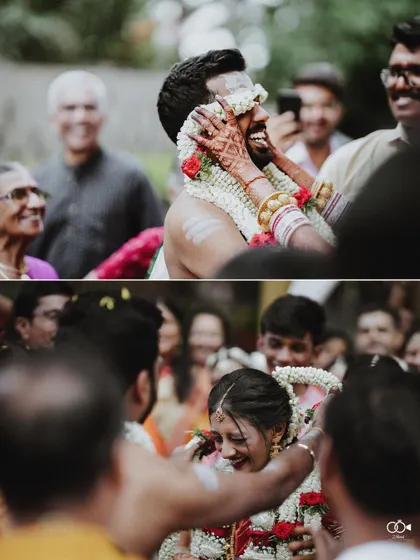 A diptych of playful and joyful moments from the wedding ceremony, capturing genuine laughter.