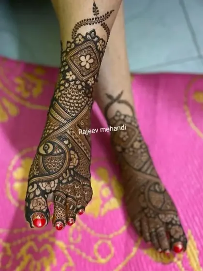 A modern and stylish foot design, with a pattern that flows diagonally across the foot, featuring a peacock and floral elements.