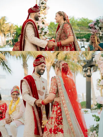 A collage capturing the moment the couple exchanges garlands during their Varmala ceremony, with smiles all around.