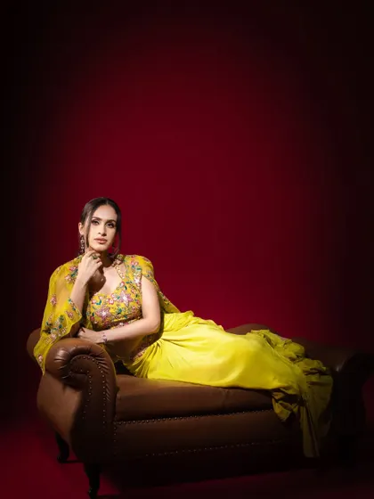 A regal portrait of Miss Asia Global winner Tamanna Bharat. This shot captures her elegance and poise, perfect for a pageant or modeling portfolio.