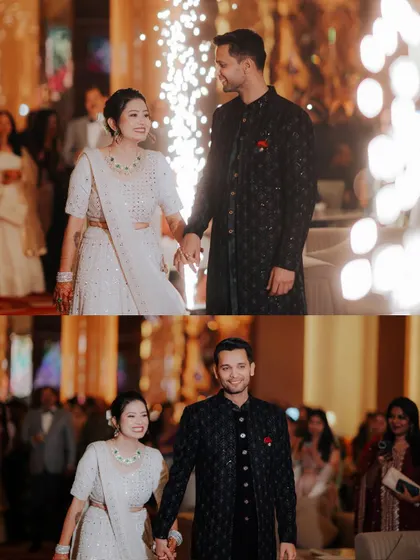 A diptych of the couple's grand entrance, holding hands and surrounded by sparklers. It's a moment of pure celebration and glamour.