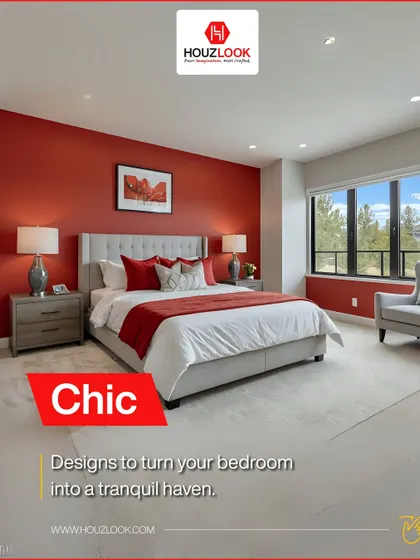 This chic bedroom design turns the space into a tranquil haven. The bold red accent wall adds a pop of color and personality, while the simple, modern furniture keeps the room feeling serene and uncluttered.