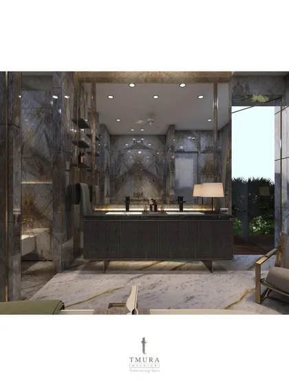 This perspective shows the full vanity with dual sinks and a large, seamless mirror that enhances the sense of space. The design connects visually to an outdoor green area, bringing in natural light.
