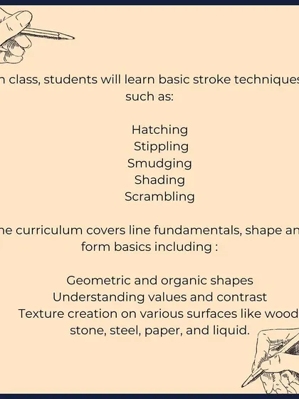 In our beginner sketching course, students will learn basic stroke techniques like hatching and stippling, as well as fundamentals of shape, form, and texture.