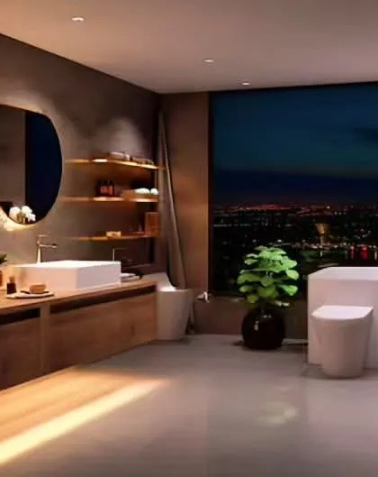 A spacious and luxurious bathroom with a stunning city view. The design includes dual sinks, a freestanding tub, and dramatic mood lighting for a five-star hotel experience.