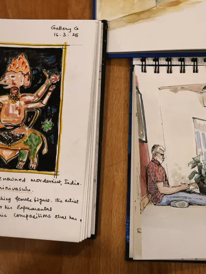 A close-up of a sketch created during the @uskbengaluru visit, capturing a modern work by K. Srinivasulu. It is wonderful to see our collection inspire new creative expressions.