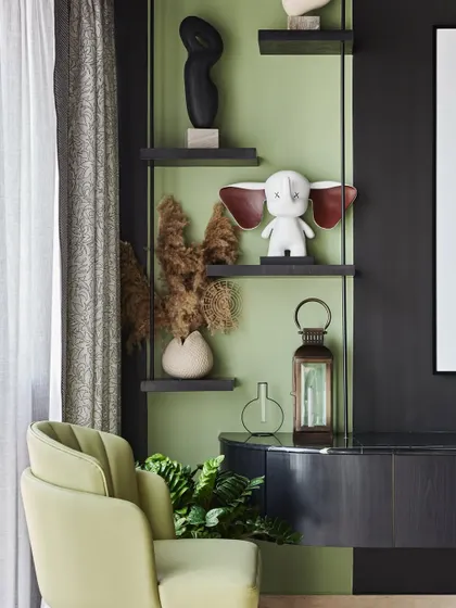Detail of the shelving in the entertainment area, showcasing a mix of personal collectibles and decorative objects. The sage green accent wall provides a soft backdrop for the dark shelves.
