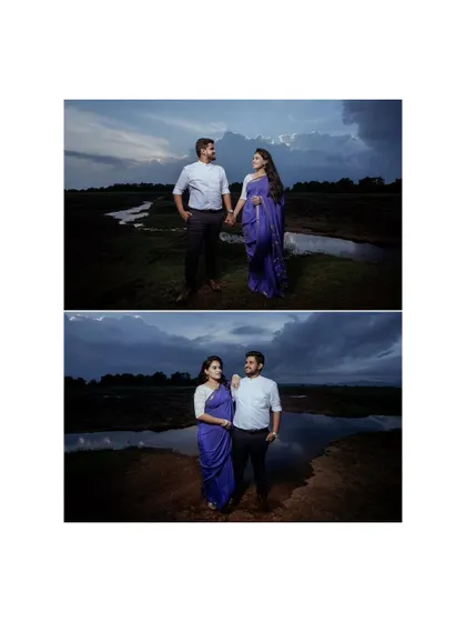 A classic two-panel layout showing the couple holding hands against a dramatic sky, perfect for a pre-wedding album.