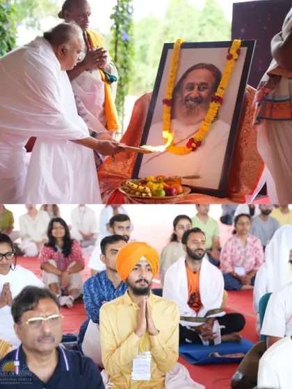 A collage from the Guru Purnima celebration, showing the lighting of the lamp and devotees from diverse backgrounds meditating together. It is a day of unity in gratitude.