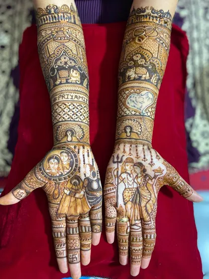 A stunning design combining divine portraits of Shiva and Parvati with personal portraits of the bride's parents, making it a deeply meaningful piece of art.