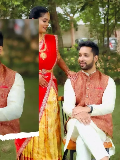 A collage that plays with composition, showing the couple in a loving pose. The torn-paper effect adds a creative touch to this traditional South Indian wedding portrait.