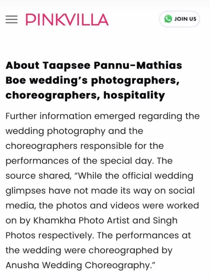 A screenshot from Pinkvilla covering the details of Taapsee Pannu's wedding, mentioning my work as the choreographer.