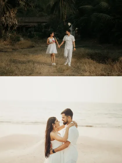 This collage contrasts a walk through a grassy field with an intimate embrace on the beach, showing the variety of backdrops available for an outdoor shoot.