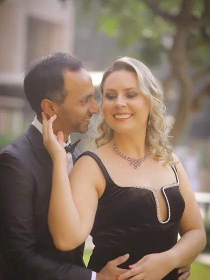A tender moment captured during their pre-wedding session. The way he gently touches her face and the way she smiles shows the deep affection between them.