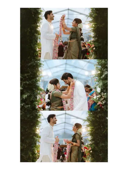 A sequence showing the exchange of garlands during a Hindu ceremony. The progression from one frame to the next tells the story of this beautiful and significant ritual.