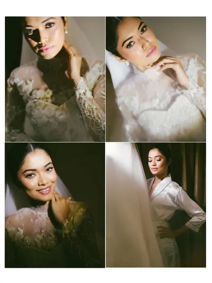 A collage of artistic and elegant bridal portraits. The creative use of light and shadow highlights the bride's features and the details of her gown.
